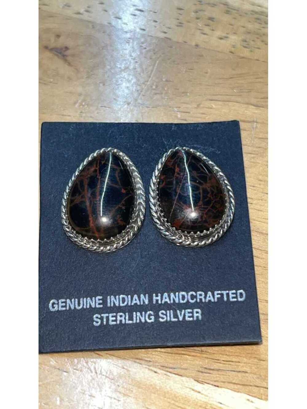 Navajo sterling silver picture jasper post teardrop design earrings